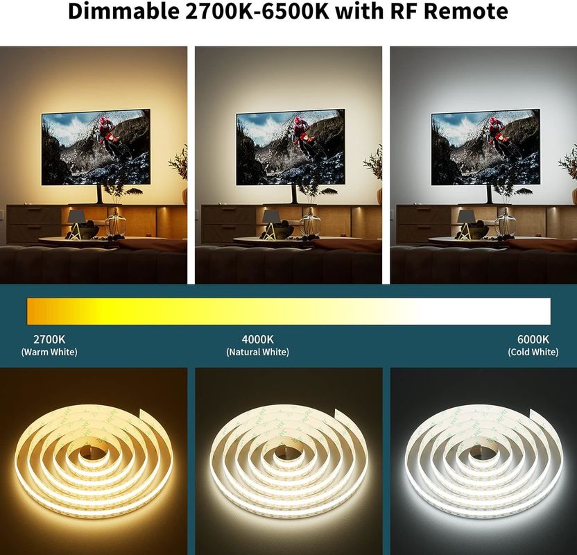 COB LED 스트립 라이트 CCT 튜닝 가능 560LED CRI90 2m 디밍 가능 2700K-6500K 24V LED 테이프 라이트 키트