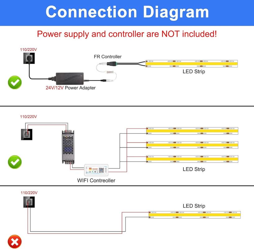 10mm 너비 90 CRI 2700K+6500K CCT 유연한 COB 스트립 560LED 안전 사용 & 쉬운 설치