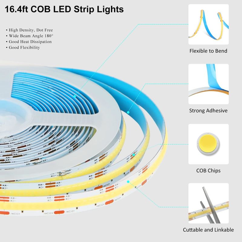 COB LED 스트립 라이트 CCT (2700K-6500K 튜닝 가능) 2M 560LEDs/m CRI90 LED 테이프 라이트 키트