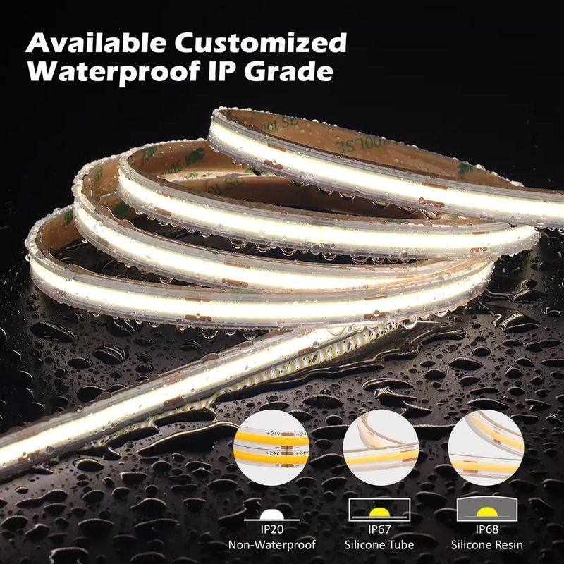 12V 24V 방수성 IP65 IP67 IP68 CRI90 디밍 가능 5M 유연성 COB LED 스트립 실내외용