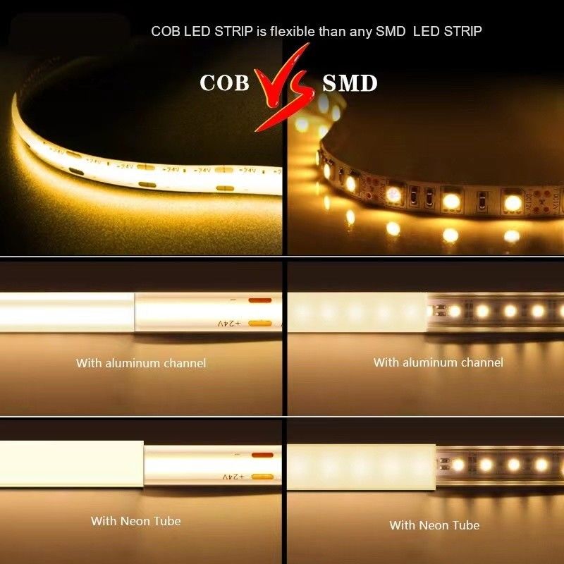 12V 24V 방수성 IP65 IP67 IP68 CRI90 디밍 가능 5M 유연성 COB LED 스트립 실내외용