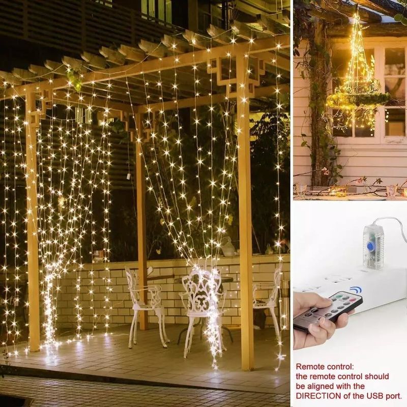 침실 장식용 3500K 따뜻한 흰색 LED 커튼 라이트 3x2.4m 240d USB 전원 모드