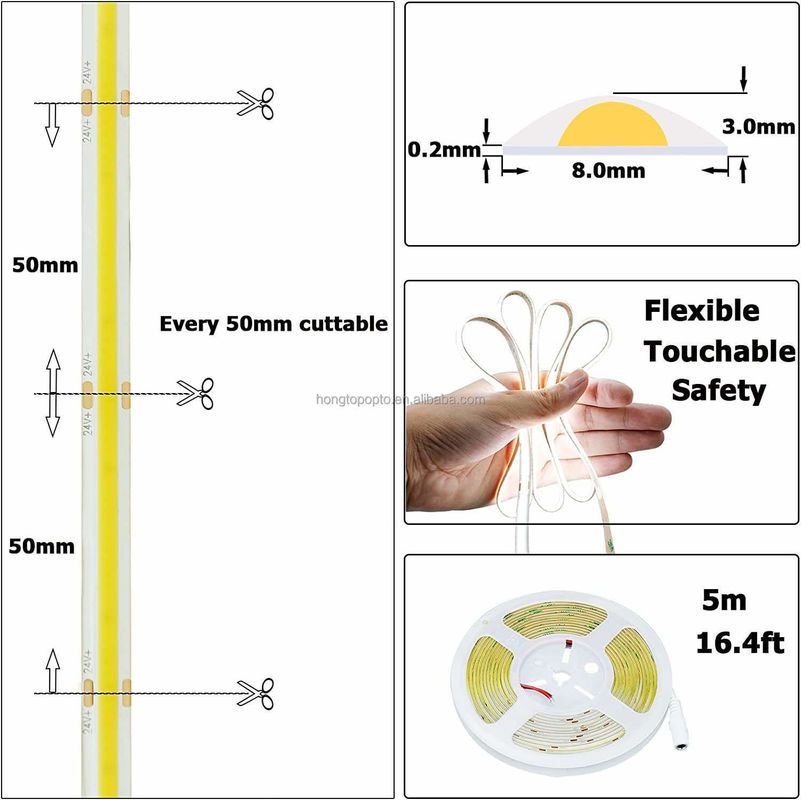 압력 하락 없음 COB LED 스트립 DC24V CRI90 312LEDs/m 10미터 작업 시간 30000 시간